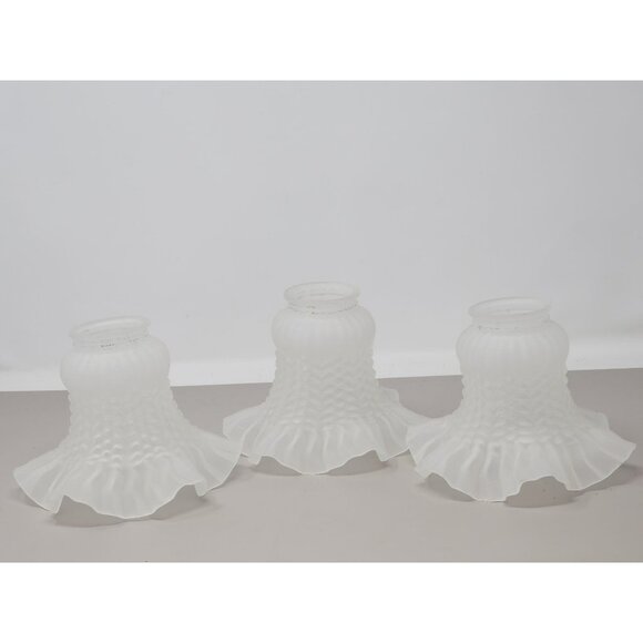 Lot Of 3‎ Vintage Ruffled Bell Shape Frosted Glass Shade Light Fixture - Picture 1 of 10